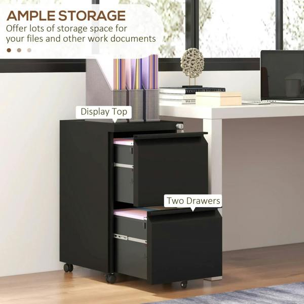 Black steel filing cabinet with open top compartment and two drawers, lockable
