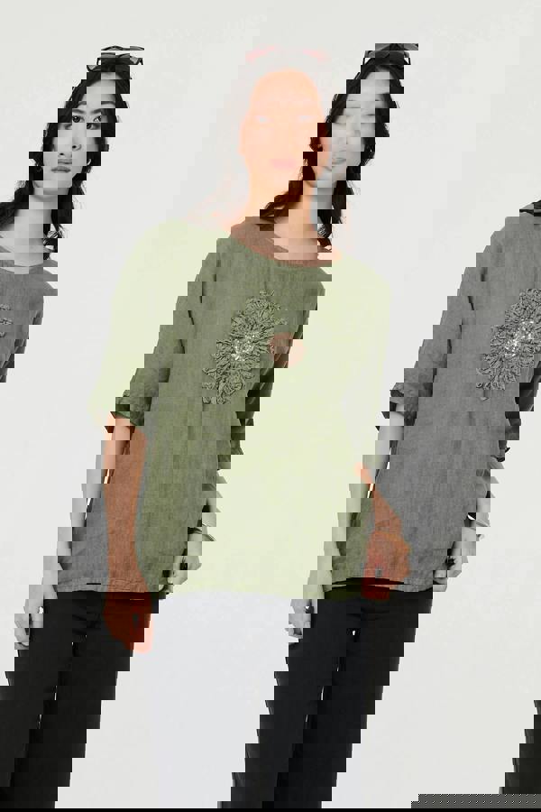 Khaki | Sequin Textured Detail Relaxed Top : Model is 5'9"/175 cm and wears UK8/EU36/US4/AUS8