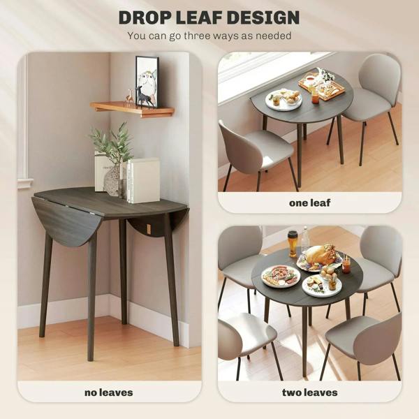Grey round drop-leaf folding dining table with wood legs, multiple leaf positions