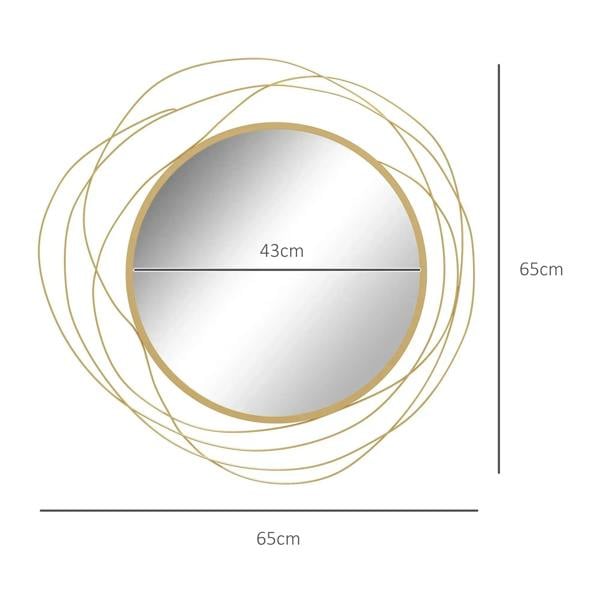 Gold tone round wall mirror: 65cm overall, 43cm inner glass