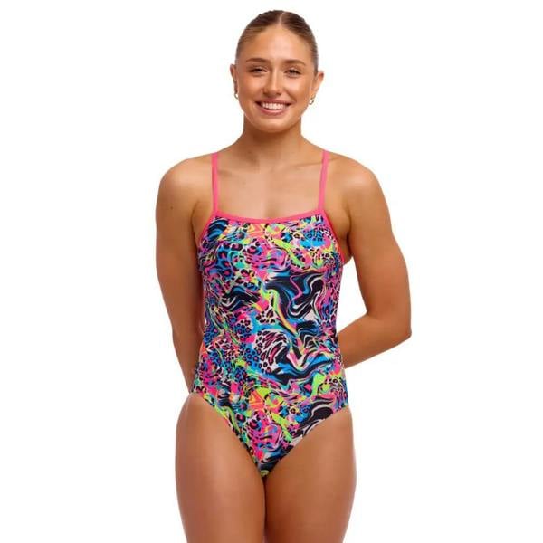 Funkita Lolly Leopard single strap swimsuit in black multi with neon pattern