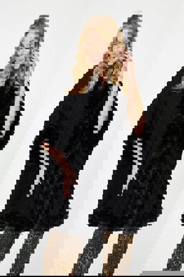 Black | Faux Fur Trim 3/4 Sleeve Poncho
