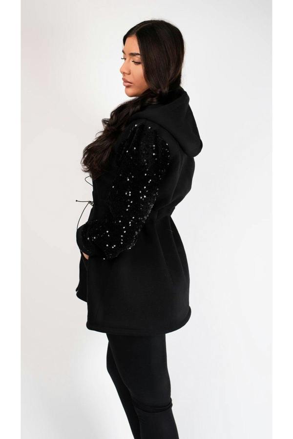 Evalora Zip Up Hoodie With Sequin Sleeve Detail - Wine