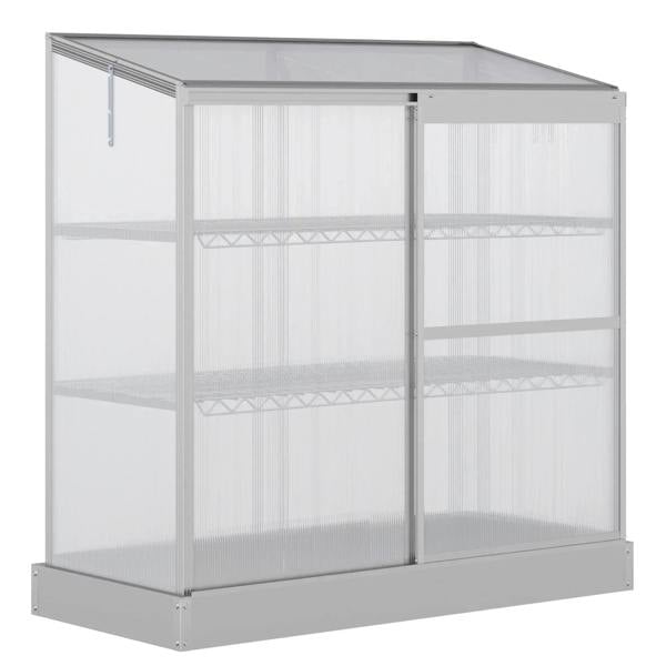 Silver aluminum greenhouse cold frame with transparent polycarbonate panels and openable roof