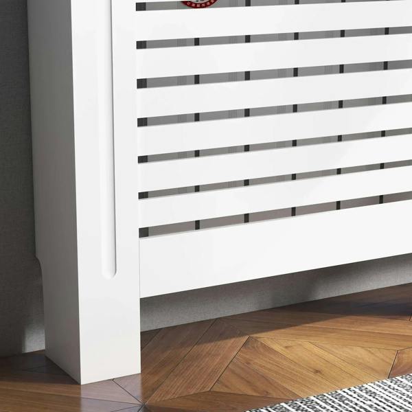 Close-up of white radiator cover grille with horizontal slat panels and side support.