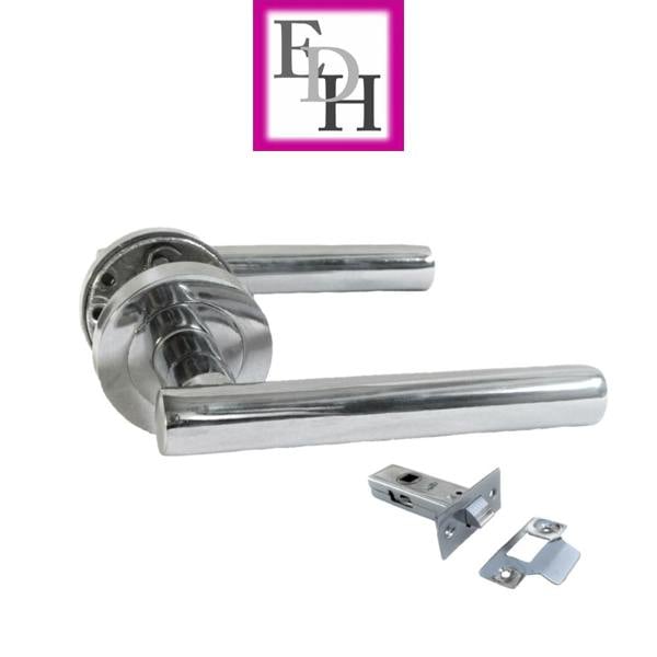 EDH Door Hardware Modern Chrome Straight T-Bar Door Handles with Round Rose + Tubular Latch