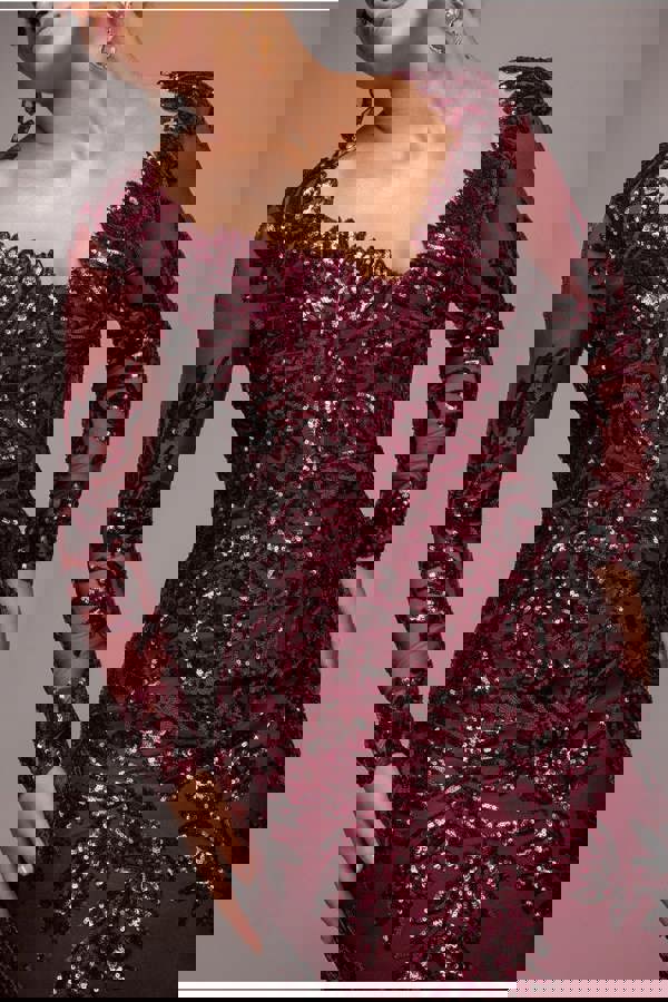 Sequin Leaf Long Sleeve Maxi Dress - Burgundy DR4359