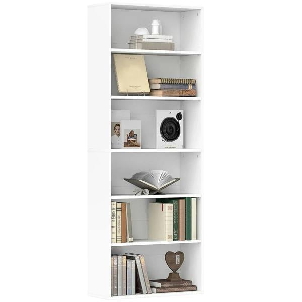 White six-shelf bookcase with six open cubby shelves for books and decor