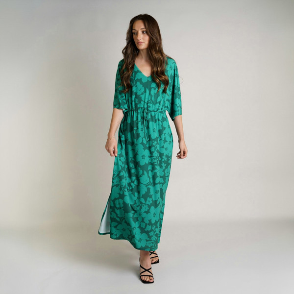 Antonia York Floral Print Kaftan Luna V-Neck Elasticated Waist Soft Jersey Dress - Green