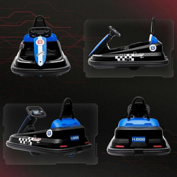 Kids electric bumper car shown from multiple angles with black base and blue canopy