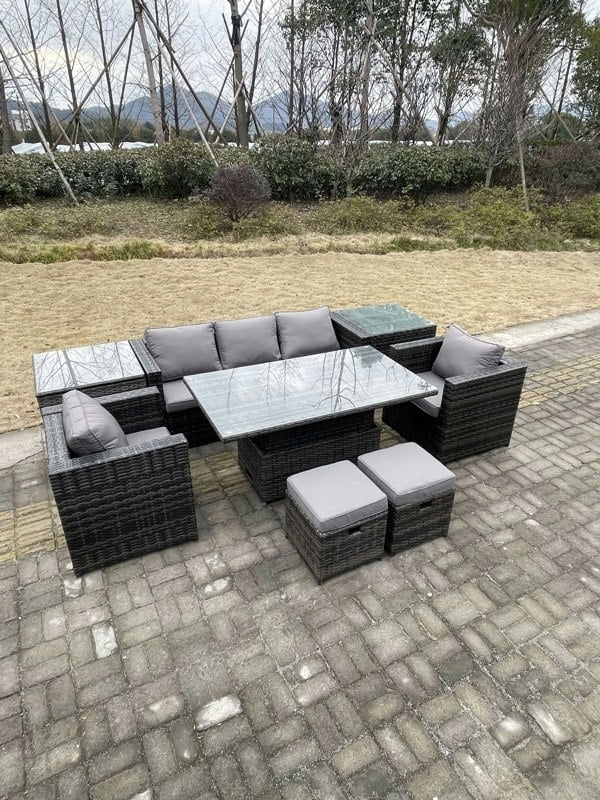 Fimous Rattan Garden Furniture Adjustable Rising Lifting Dining Table Sofa Set Chairs 2 Side Coffee Tables with 2 Stools