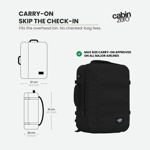 CabinZero Classic Cabin Backpack 44L, Large Carry On Travel Backpack for Week-Long Trips, Max Cabin Size