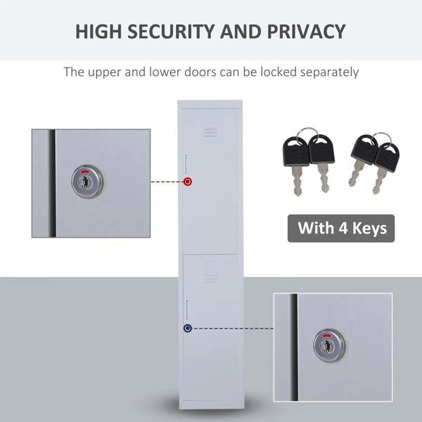 Grey locker cabinet with key locks for upper and lower doors; includes four keys