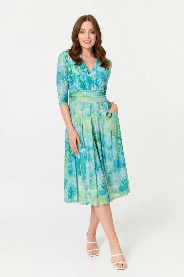 Green | Printed 3/4 Sleeve Wrap Front Midi Dress

