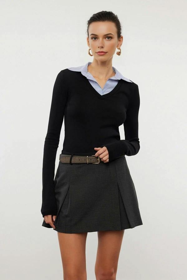 WOVCOR Woven Shirt Collar Knit Blouse