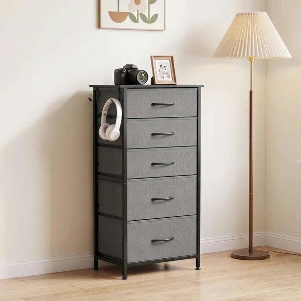 Chest of Drawers, Dresser with 5 Fabric Drawers, Tall Storage Unit with 4 Pockets and 2 Hooks Steel Frame, Charcoal Grey