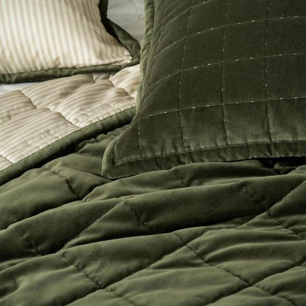 Olive Green Velvet Cotton Quilted Bedspreads - stripe, bedroom detail 1 | Soak and Sleep