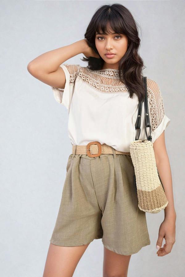 Sylvia Lace Insert Round Neck Hollow Top - Beige