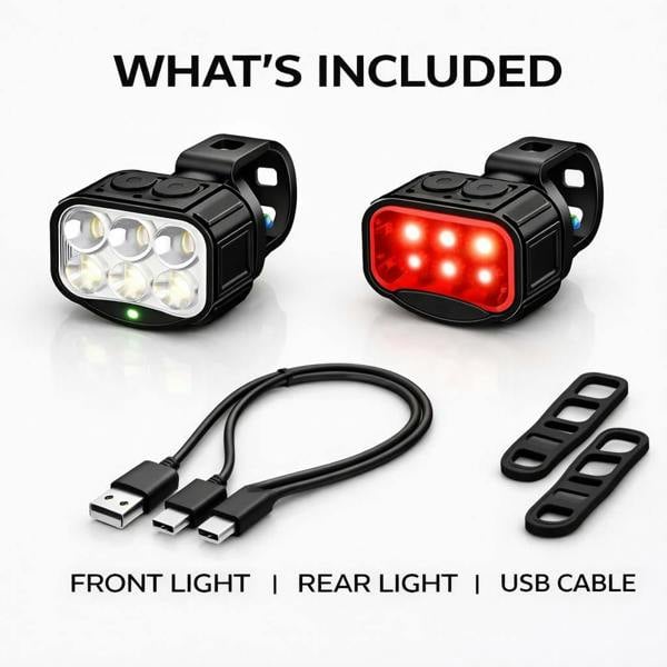KAV USB Rechargeable Bike Light Set 6 LED 500 Lumen Headlight & Tail Light High Low Beam IP65 Waterproof 8/12 Modes Easy Mount for Road Bike