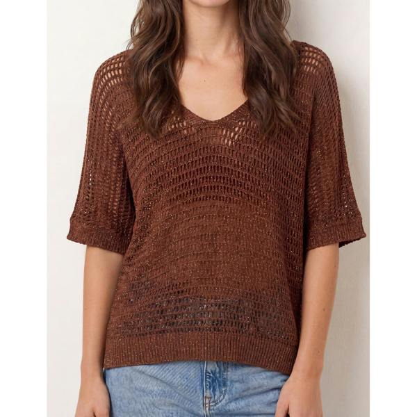 Blue Vanilla Metallic Crochet V Neck Top