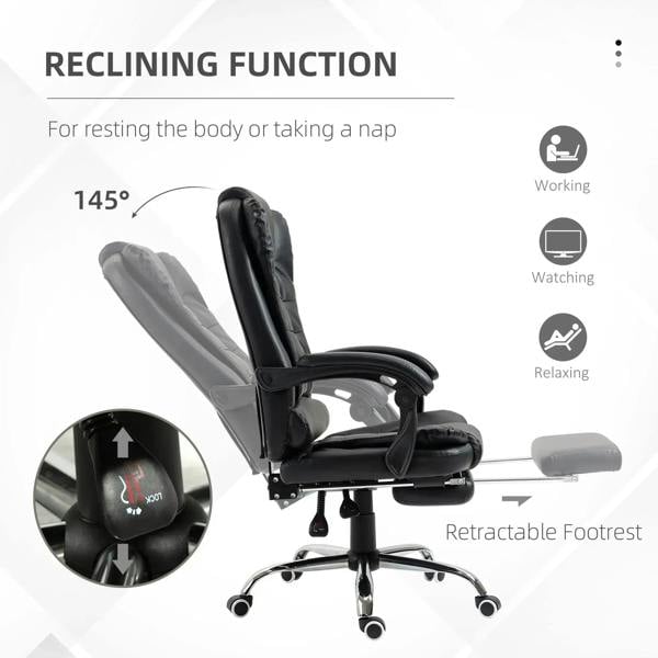 Black reclining office chair with retractable footrest and adjustable back tilt