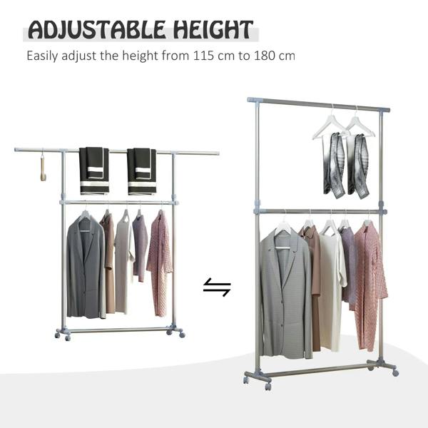 Adjustable height clothes rail display with hangers, grey metal frame on wheels