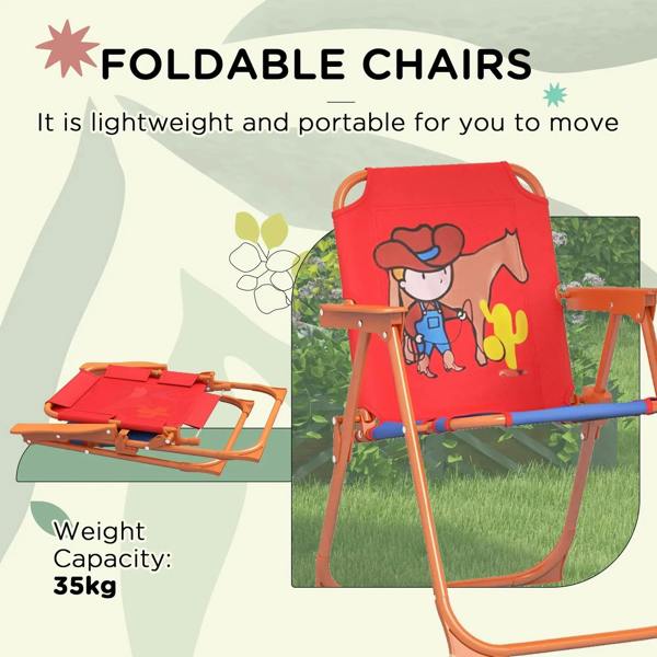 Foldable kids cowboy chair with red printed fabric and wooden frame