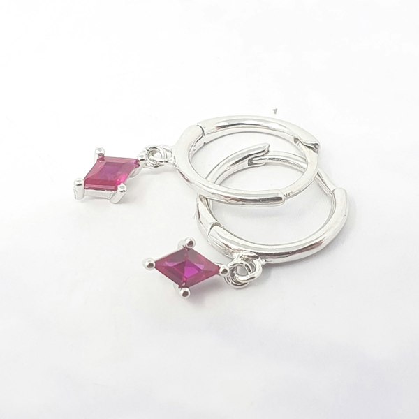 Ruby July Birthstone Silver Delicate Dangle Hoops