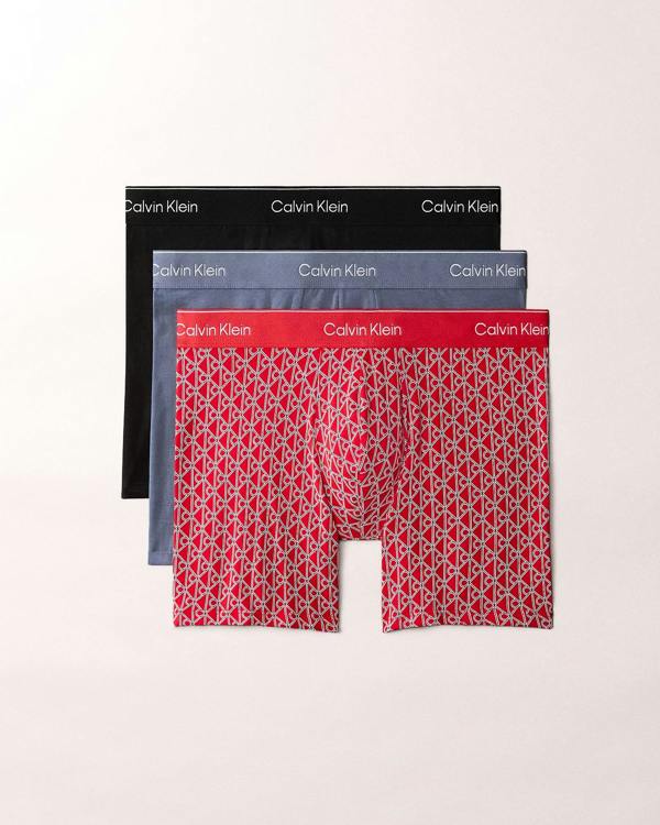 Calvin Klein 3 Pack Icon Cotton Stretch Mens Boxer Briefs - Black/Prep Emblem Goji Berry/Grisai