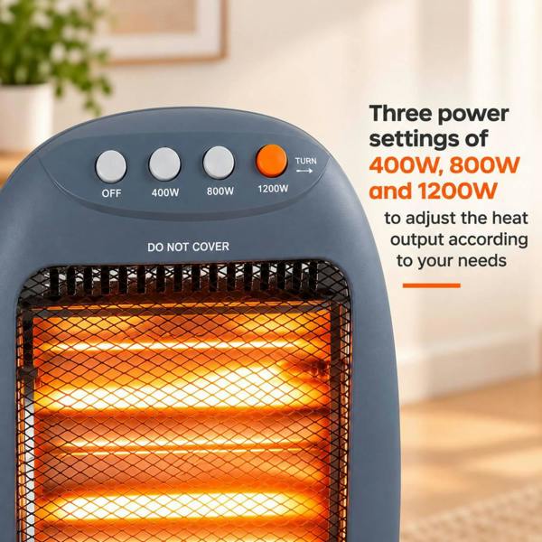 Dyzi 1200W Halogen Heater 3 Heat Settings Oscillating Tip-Over Grey