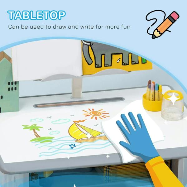 Grey kids desk tabletop with reading board stand for drawing and writing