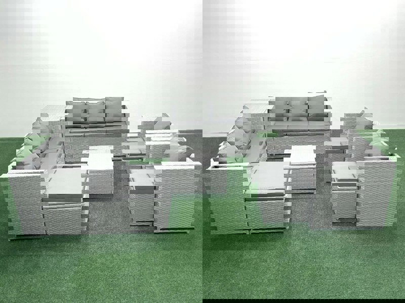 Fimous Outdoor Rattan Sofa Garden Furniture Set with 2 Armchairs Square Coffee Table 3 Footstools Side Table Light Grey Mixed