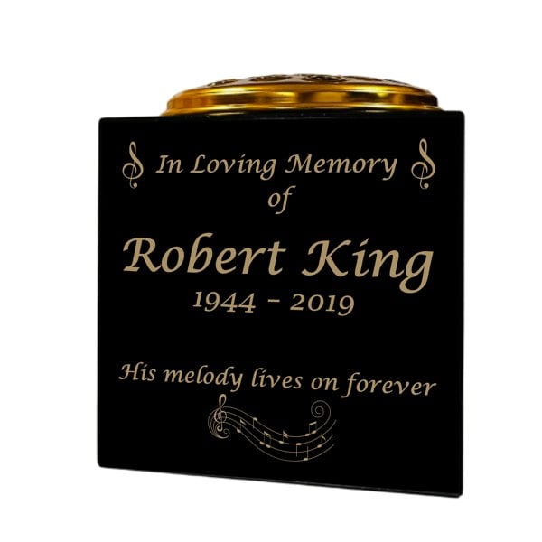 Memorials Direct Granite Memorial Vase- Solid Granite – Free Personalised Gold Engraving, Musical Notes – Includes Metal Flower Pot Insert