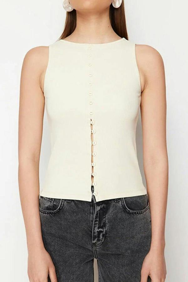 WOVCOR Buttoned Fitted Ribbed Stretch Knit Blouse