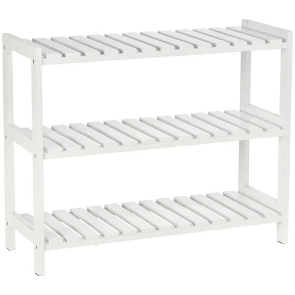 White 3-tier wooden shoe rack with slatted shelves and open design