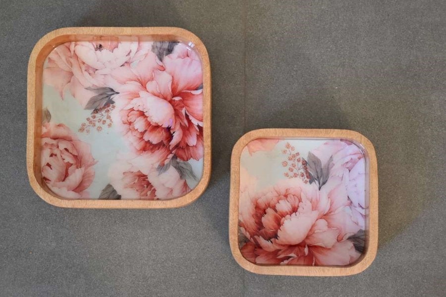 Artisan Furniture Pink Floral Square Bowl Set of 2
