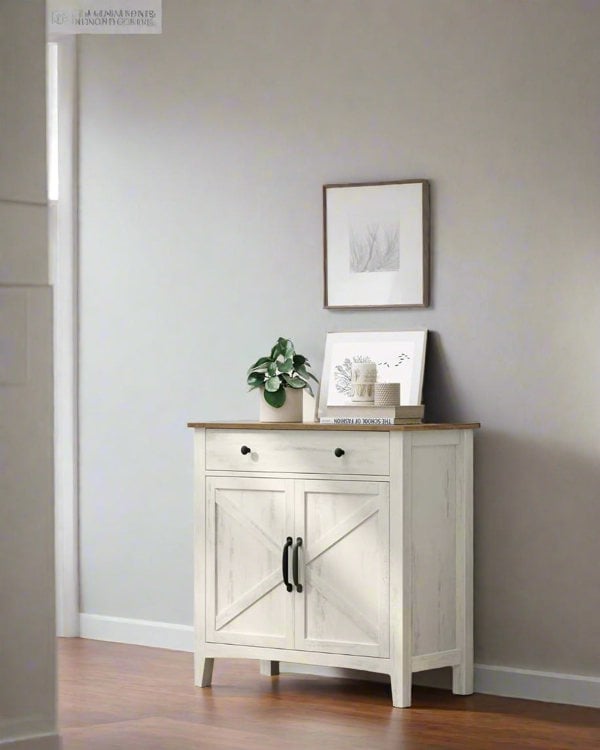 Rustic farmhouse sideboard in white and honey brown with drawer and barn doors in a living room

