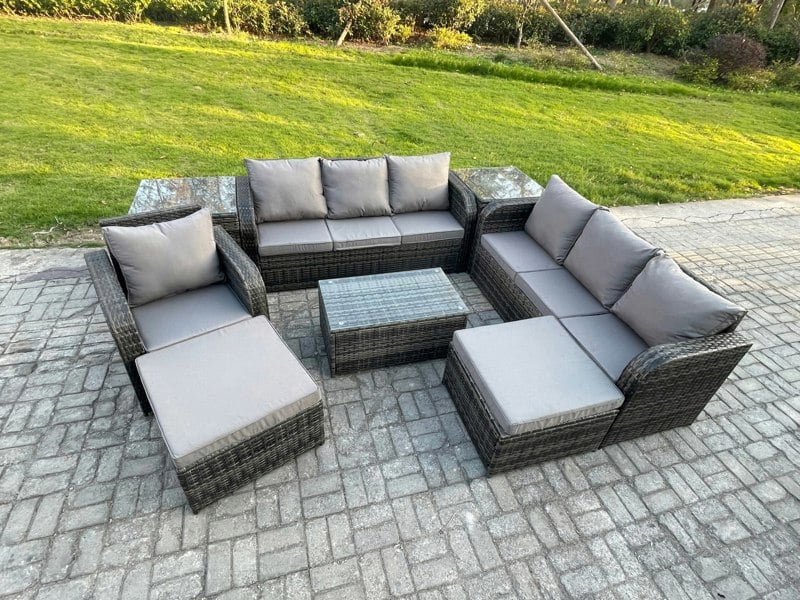 Fimous 9 Seater Dark Grey Mixed Rattan Outdoor Lounge Set - Rectangular Coffee Table, 3-Seater Sofa, 2 Big Footstools & 2 Side Tables