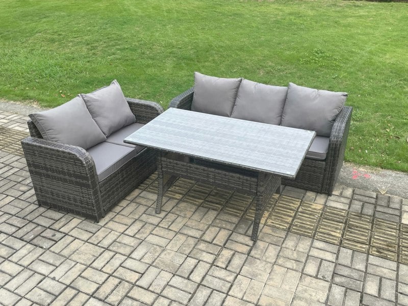 Fimous Outdoor Garden Patio Furniture Wicker Rattan Oblong Rectangular Dining Table and Lounge Sofa set Dark Grey Mixed