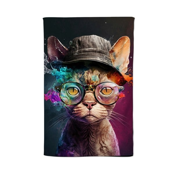 Warren Reed Devon Rex Cat With Hat Splashart Tea Towel