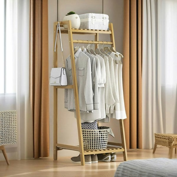 BMBO Tall Wooden Clothing Rail With Shelves Brown