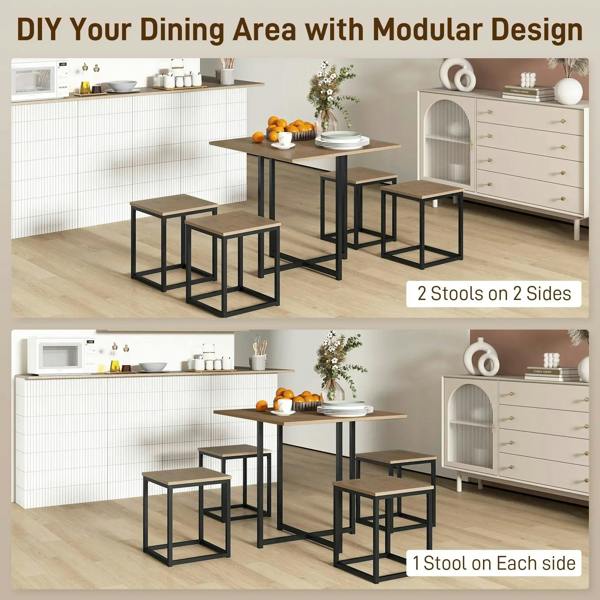 Modular dining set with square brown table and 4 stools, arranged for flexible seating