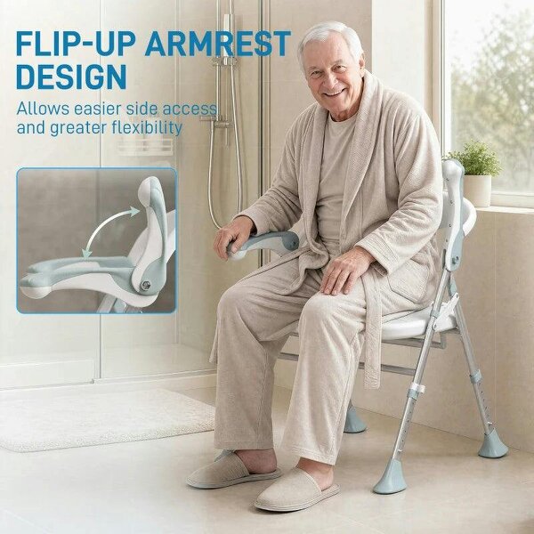 Foldable Shower Chair with Flip-Up Armrests, Shower Stool with Adjustable Height, Tool-Free Assembly, 136 kg