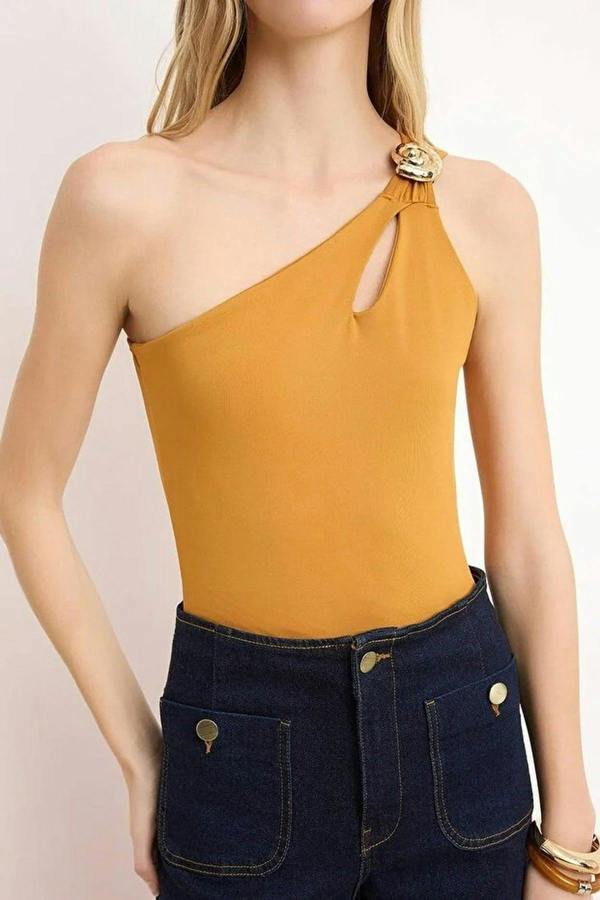 WOVCOR Asymmetrical Neckline Knitted Bodysuit with Accessory Detail