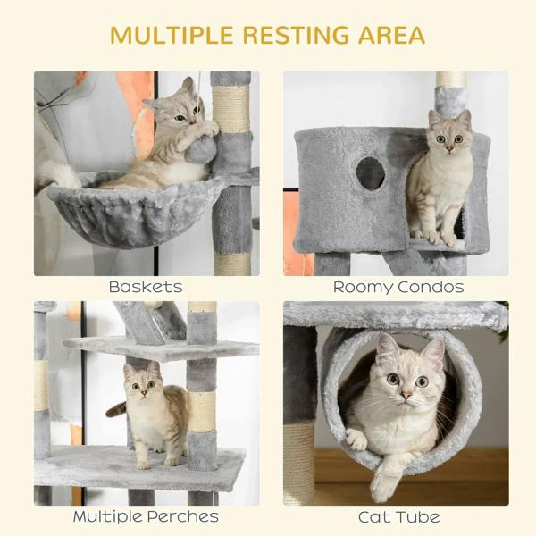 Light grey cat tree tower with multiple resting areas: baskets, roomy condos, perches, and tunnel