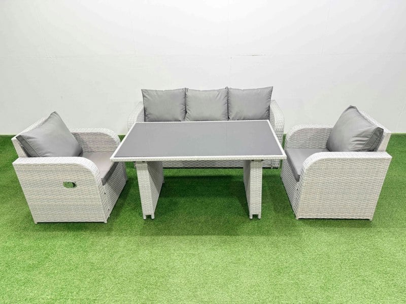 Fimous Outdoor Rattan Garden Furniture Dining Set 5 seater Patio Rectangular Table 3 Seater Sofa Reclining Chair Set