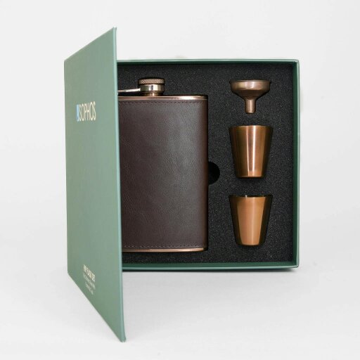 Sophos 4 Piece 8oz Hip Flask Gift Set - Copper/ Brown Finish
