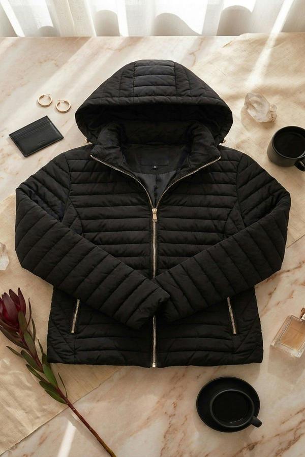 Ravina Gold Detail Hooded Puffer Jacket - Black