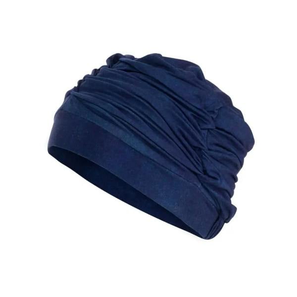 Navy blue pleated soft fabric cap with stretchy gathered head wrap