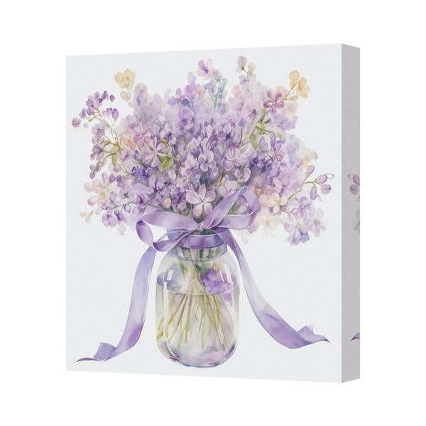 Benjamin Tate Design Lilac Bouquet Canvas Print With Ribbon Vase Framed Wall Art UK Handmade